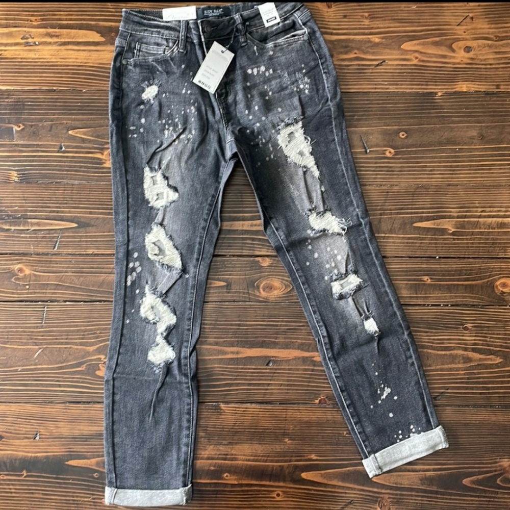 Judy Blue Black Boyfriend Jeans Bleach Spatter Mid Rise 8867 - Picture 7 of 10